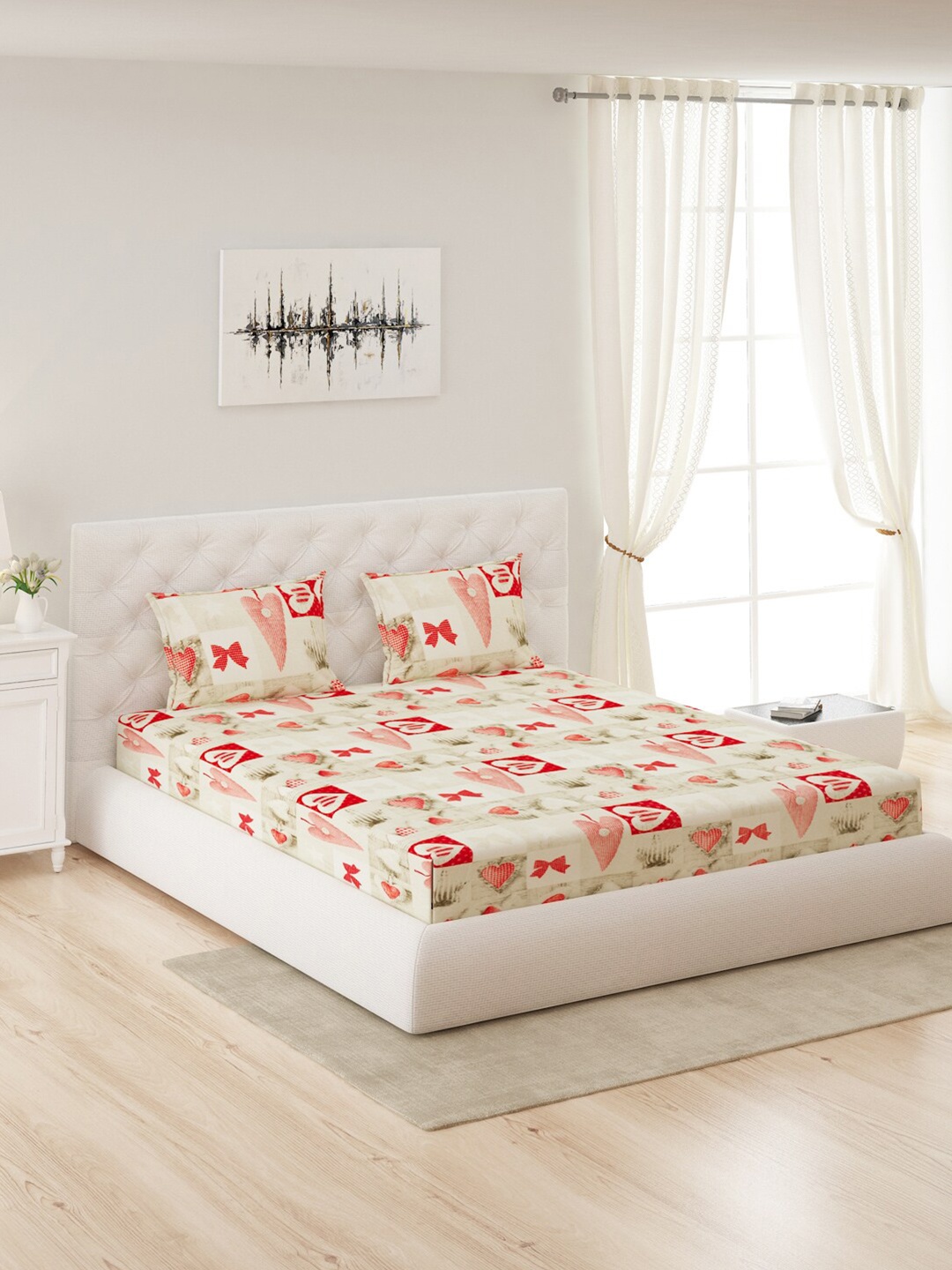 

Monte Carlo Off White & Red Ethnic Motifs 300 GSM Queen Bedsheet with 2 Pillow Covers