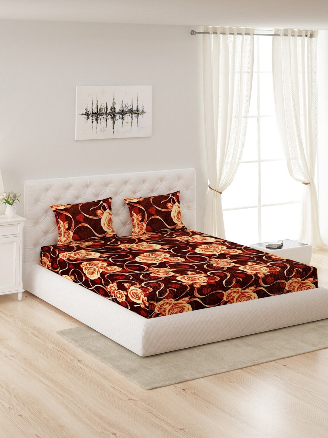 

Monte Carlo Brown Floral Printed 280 GSM Queen Bedsheet with 2 Pillow Cover