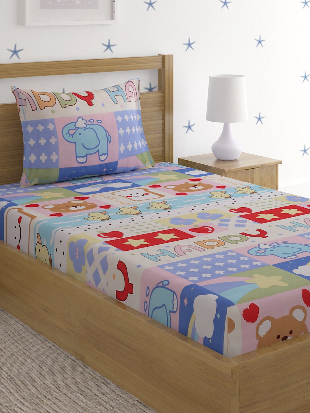 

HOSTA HOMES Multicoloured Cartoon Characters 210 TC Single Bedsheet with 1 Pillow Covers, Multi