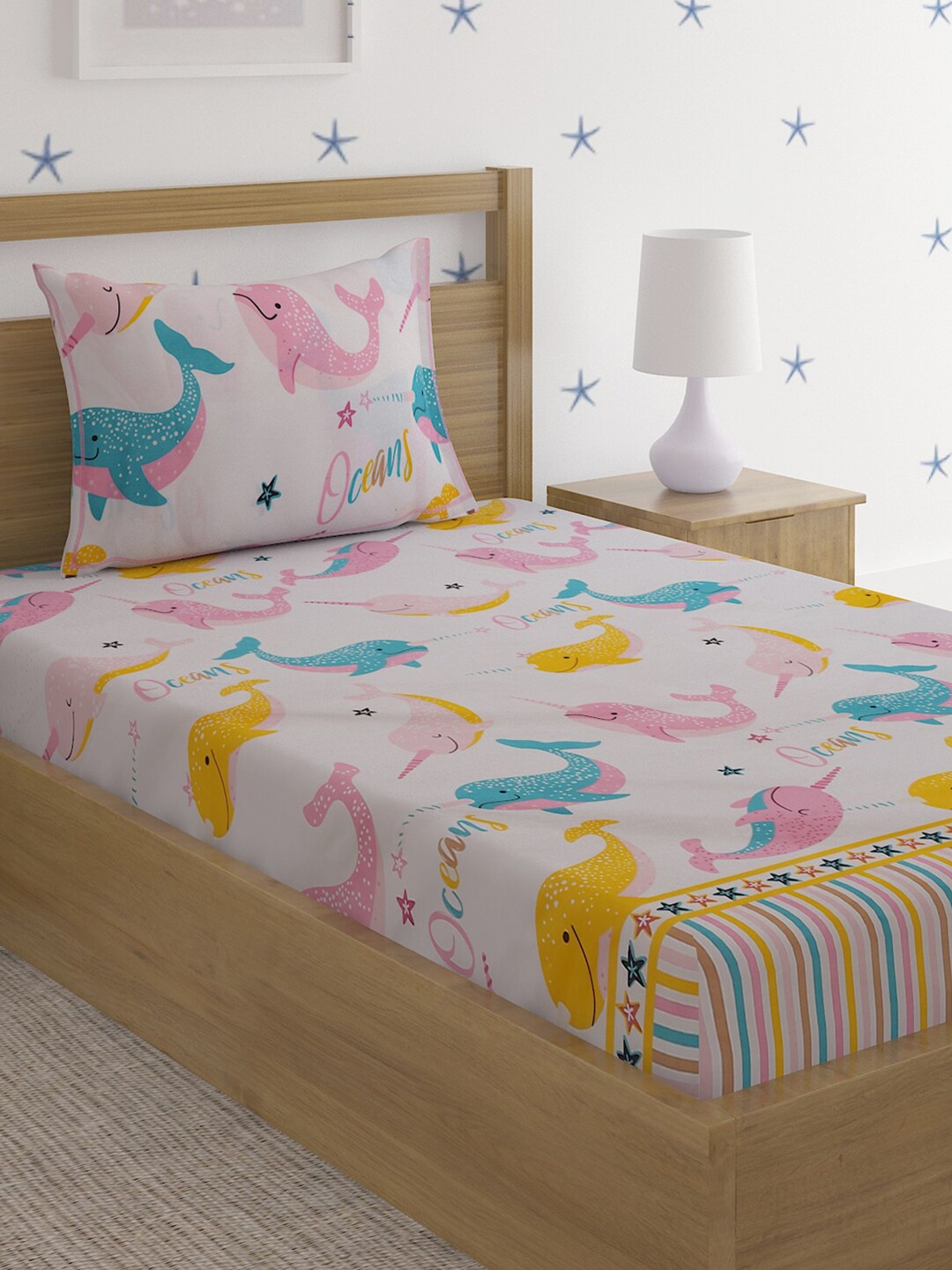 

HOSTA HOMES Pink & Blue Graphic 210 TC Cartoon Single Bedsheet with 1 Pillow Cover
