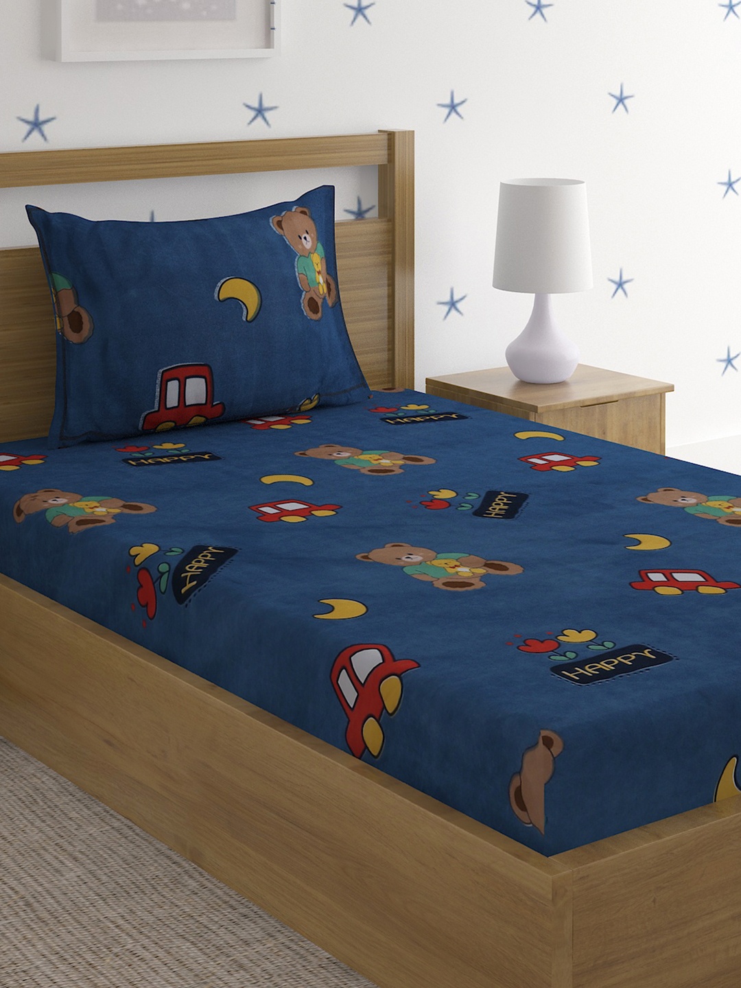 

HOSTA HOMES Navy Blue & Red Cartoon Characters 210 TC Single Bedsheet with 1 Pillow Covers