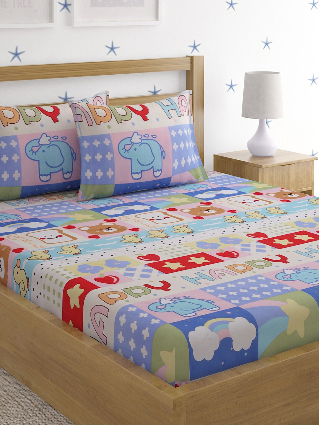 

HOSTA HOMES Multicoloured Cartoon Characters 220 TC Queen Bedsheet with 2 Pillow Covers, Multi