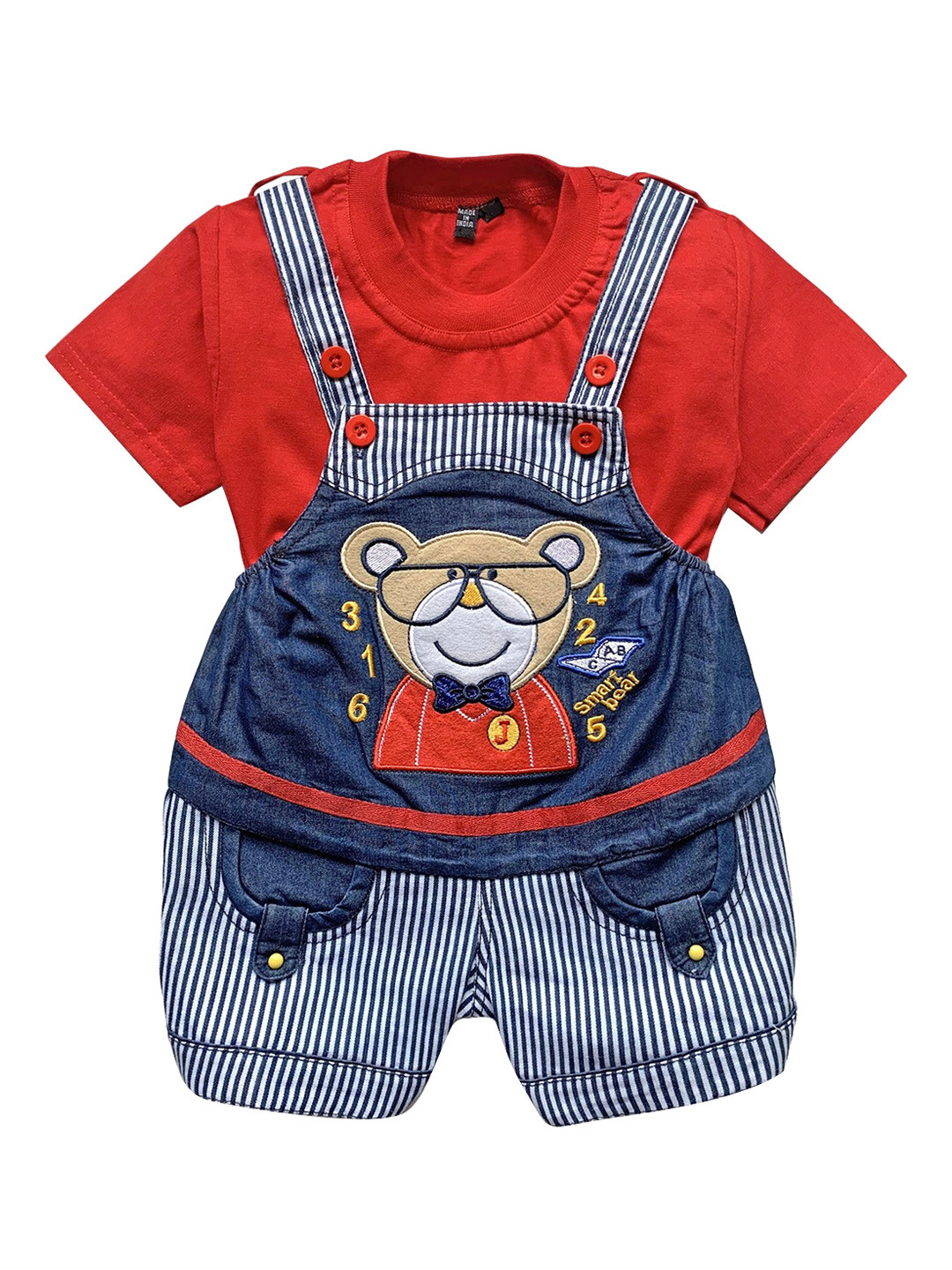 

Dapper Dudes Red Bear Patch Dungaree With Half Sleeves Tshirt
