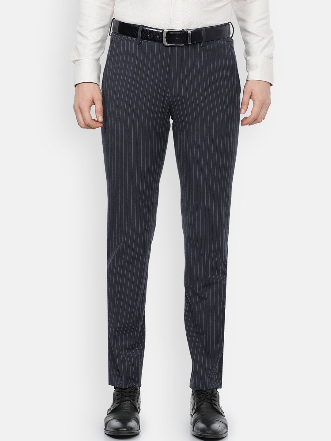 

Louis Philippe Permapress Men Grey Striped Slim Fit Formal Trousers