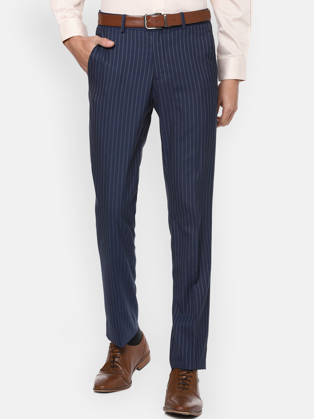 

Louis Philippe Men Navy Blue Striped Slim Fit Trousers
