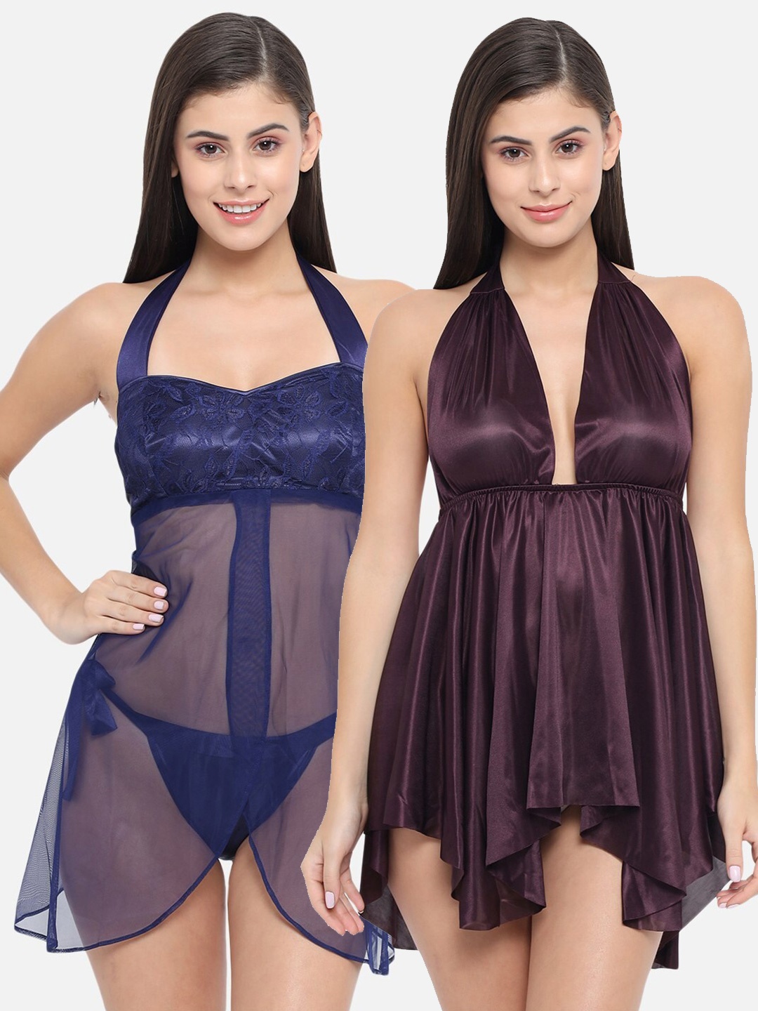 

Klamotten Set of 2 Navy Blue & Coffee Brown Halter Neck Baby Doll