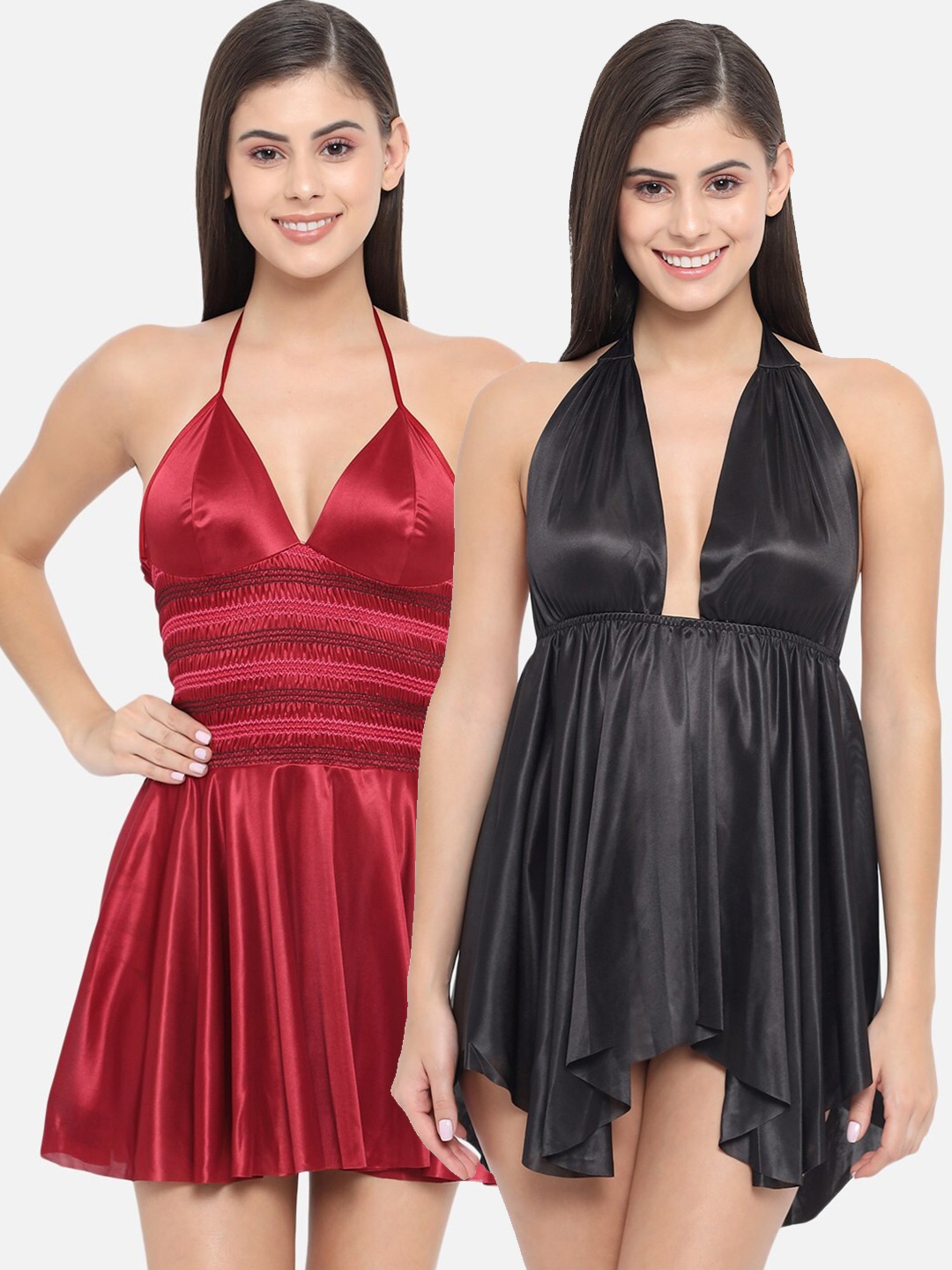 

Klamotten Pack of 2 Black & Maroon Halter Neck Baby Dolls