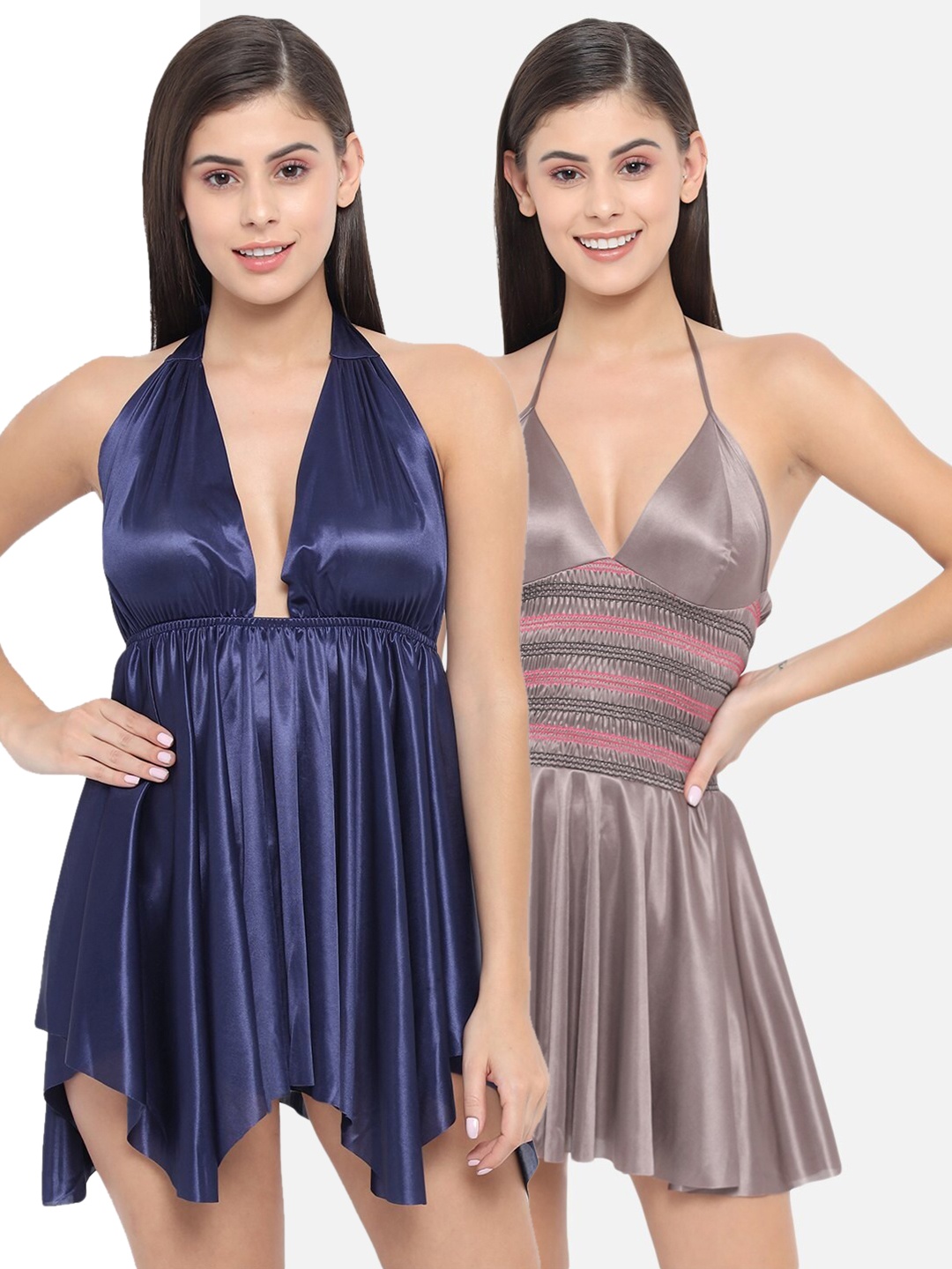 

Klamotten Pack Of 2 Navy Blue & Taupe Halter Neck Baby Doll