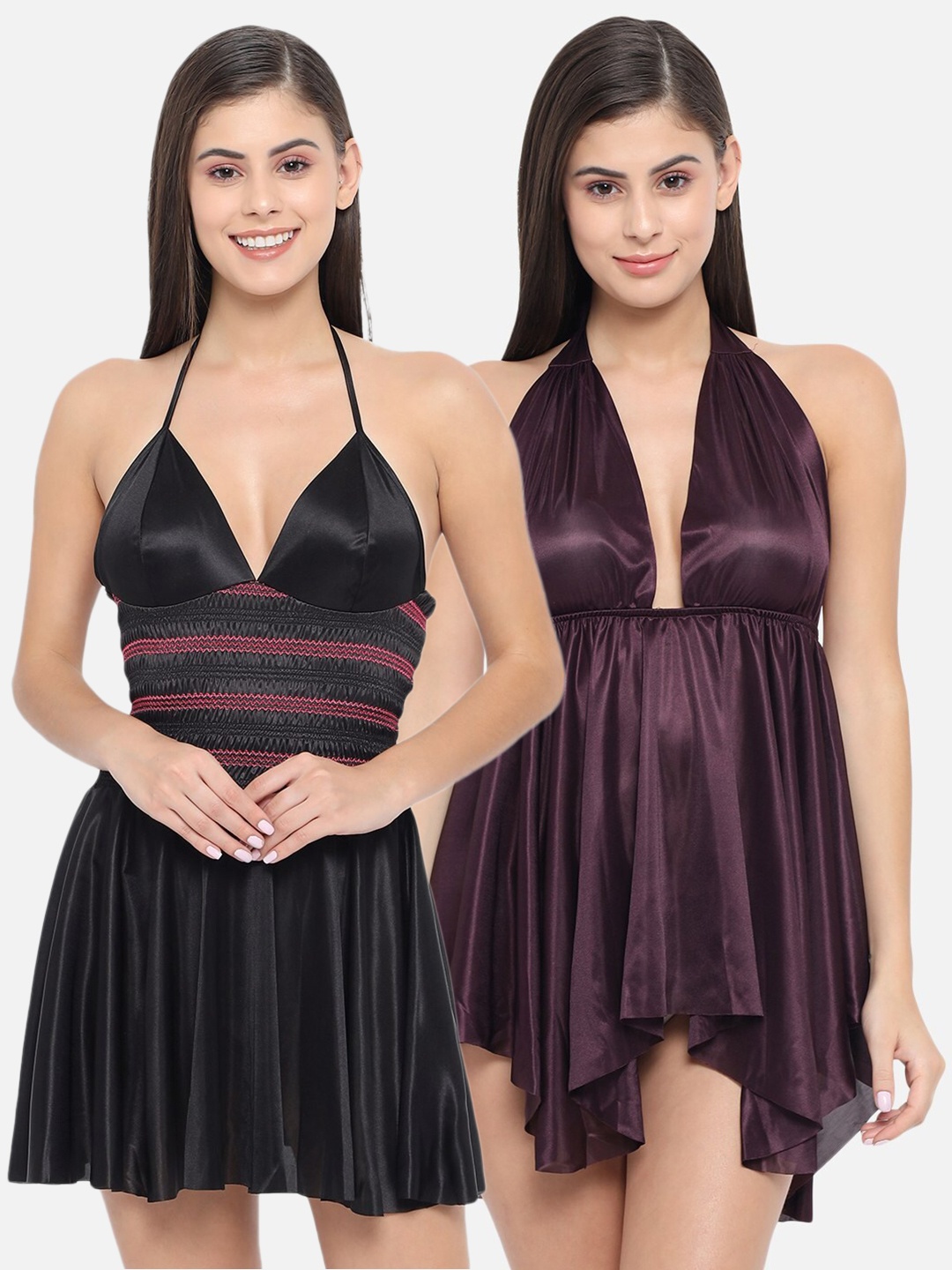 

Klamotten Set Of 2 Black & Purple Halter Neck Baby Doll