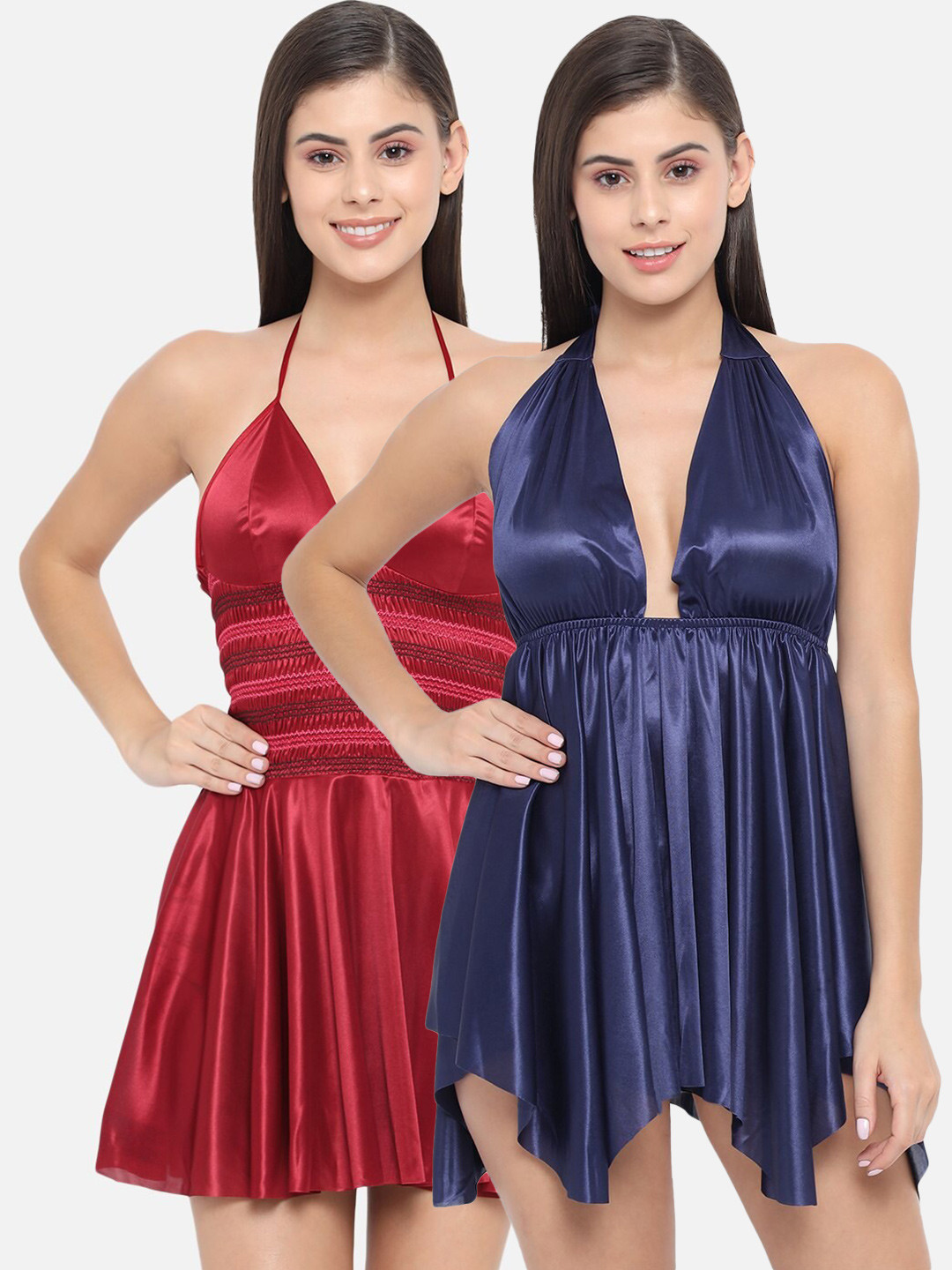 

Klamotten Pack Of 2 Maroon & Navy Blue Halter Neck Baby Doll with Asymmetric