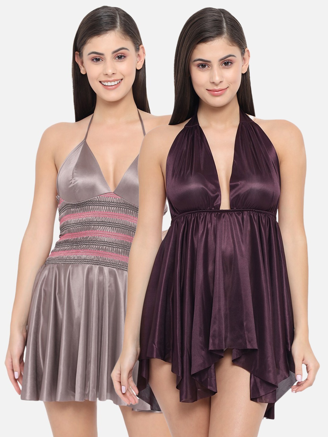 

Klamotten Set Of 2 Maroon & Grey Halter Neck Baby Doll