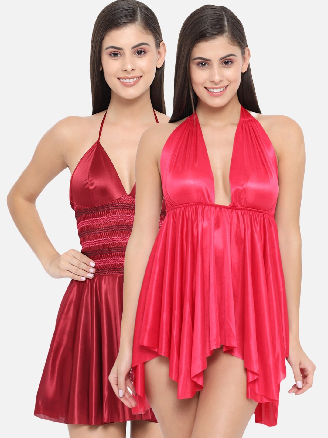 

Klamotten Set Of 2 Red & Maroon Halter Neck Baby Doll