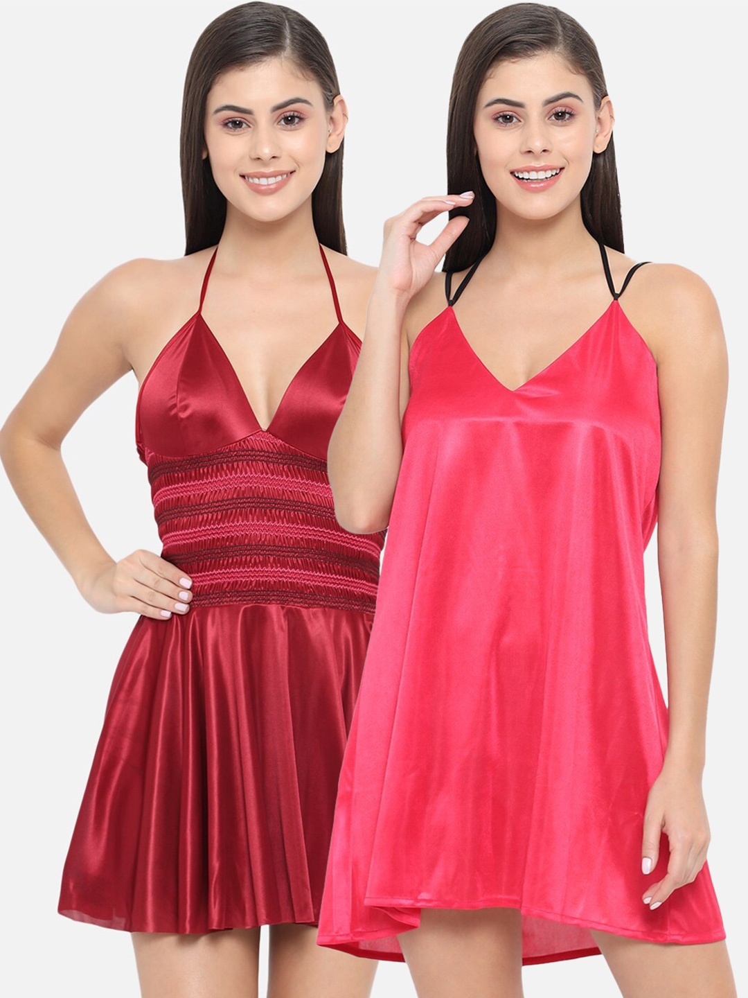 

Klamotten Pack of 2 Coral & Maroon Halter Neck Baby Dolls