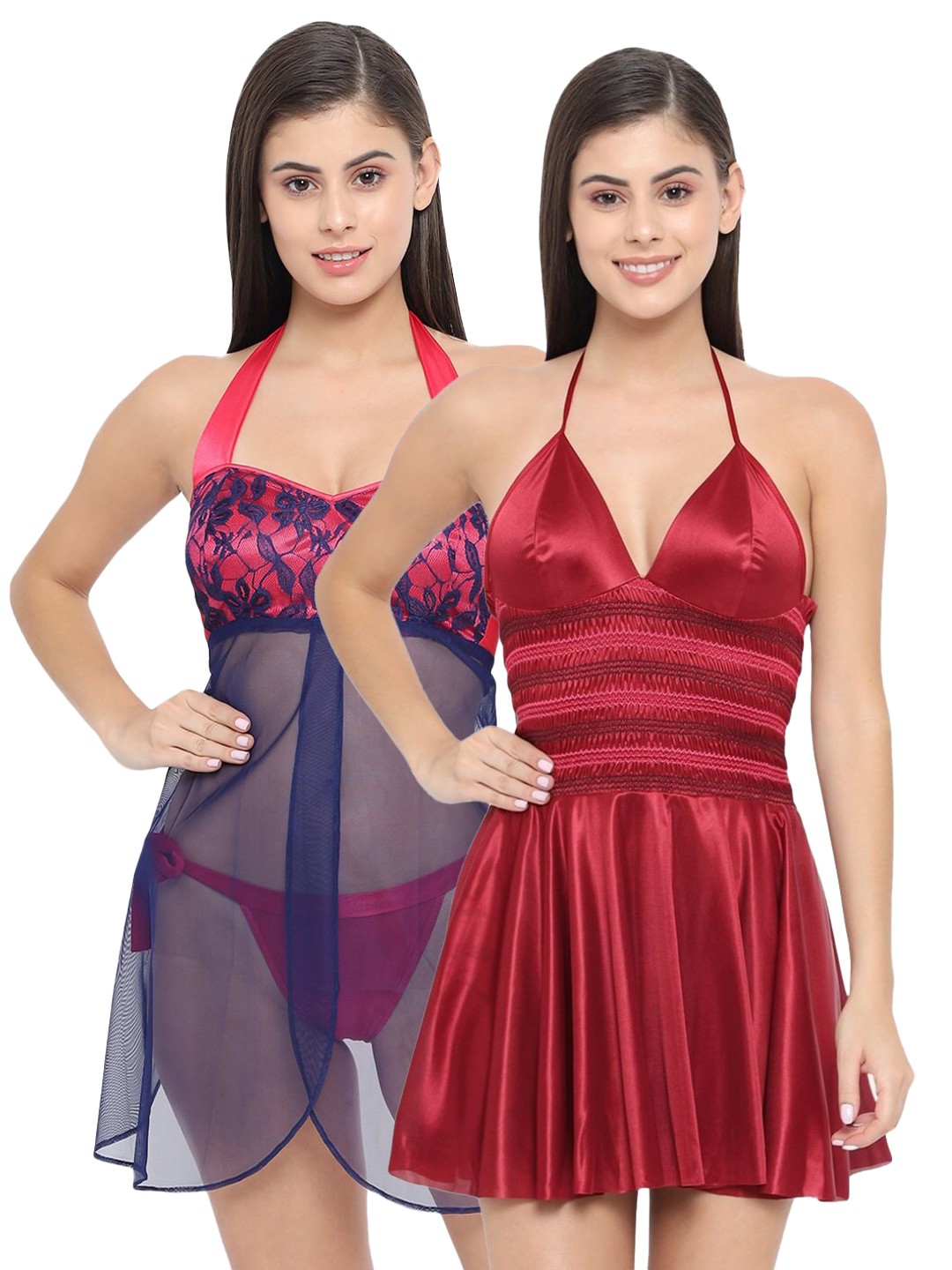 

Klamotten Pack of 2 Maroon & Blue Halter Neck Baby Dolls