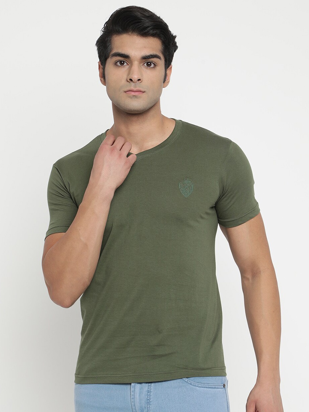 

V2 Value & Variety Men Olive Green V-Neck Pure Cotton T-shirt