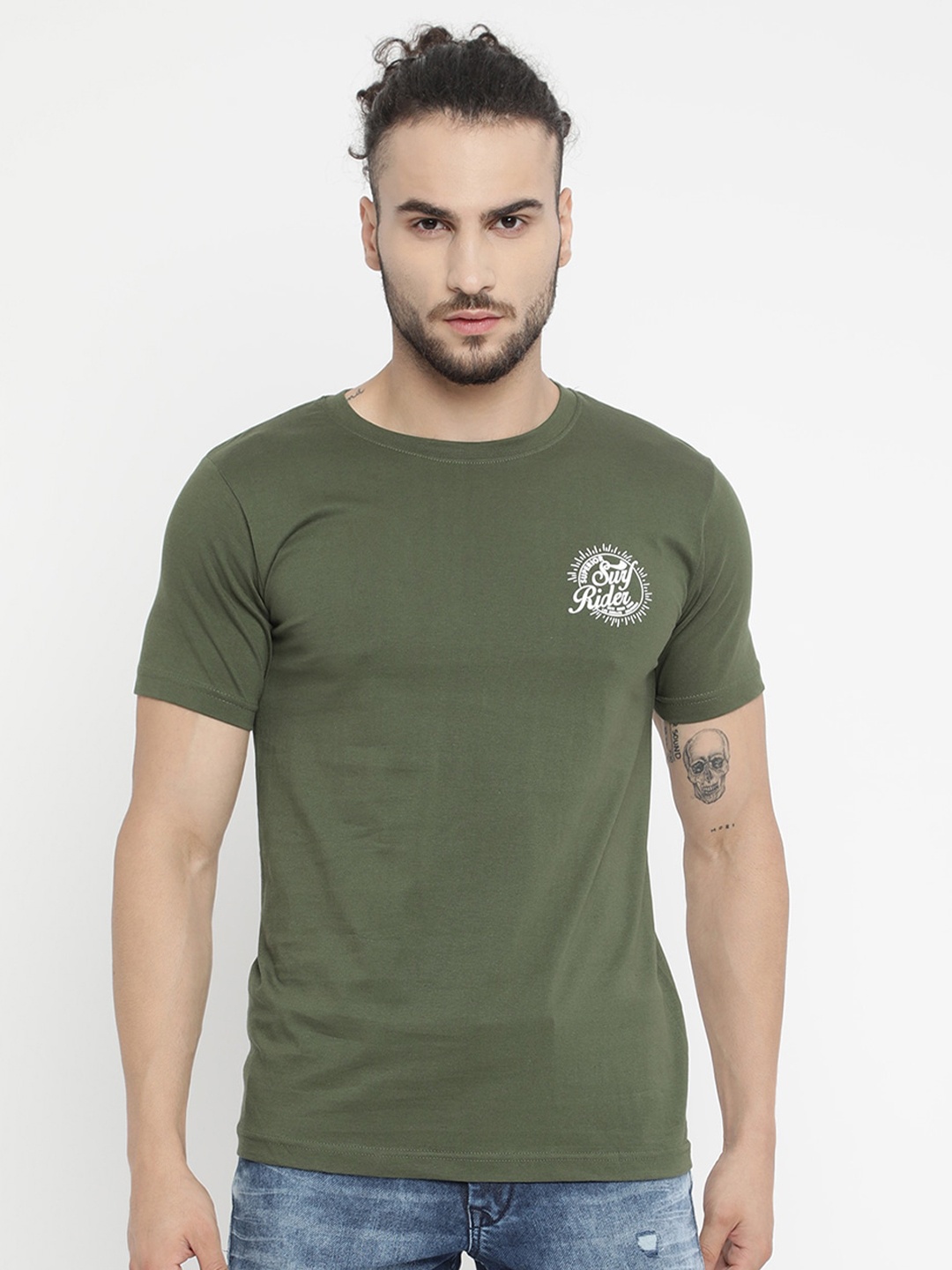 

V2 Value & Variety Men Olive Green & Off White Printed Pure Cotton Round Neck T-shirt