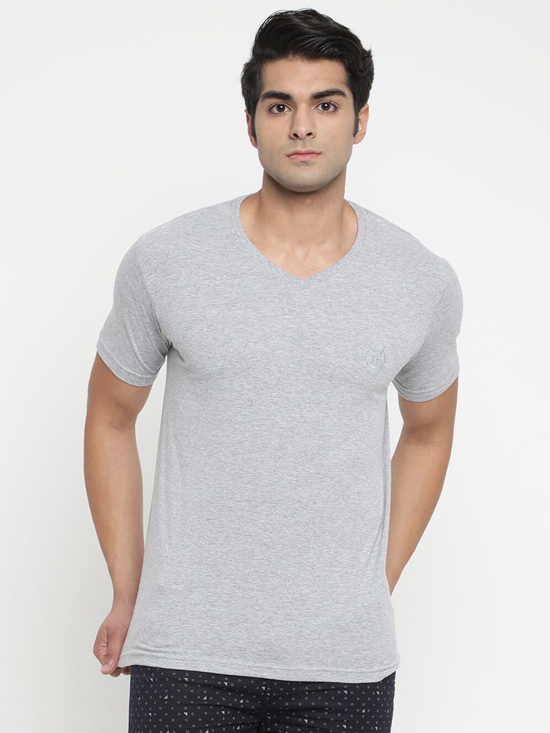 

V2 Value & Variety Men Grey Melange V-Neck Pure Cotton T-shirt