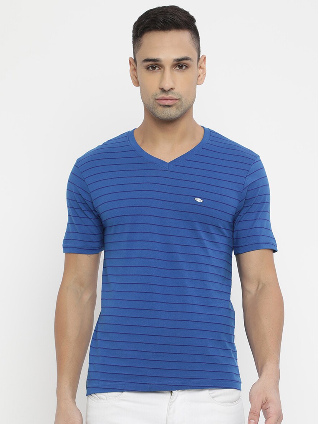 

V2 Value & Variety Men Blue Striped V-Neck Extended Sleeves T-shirt