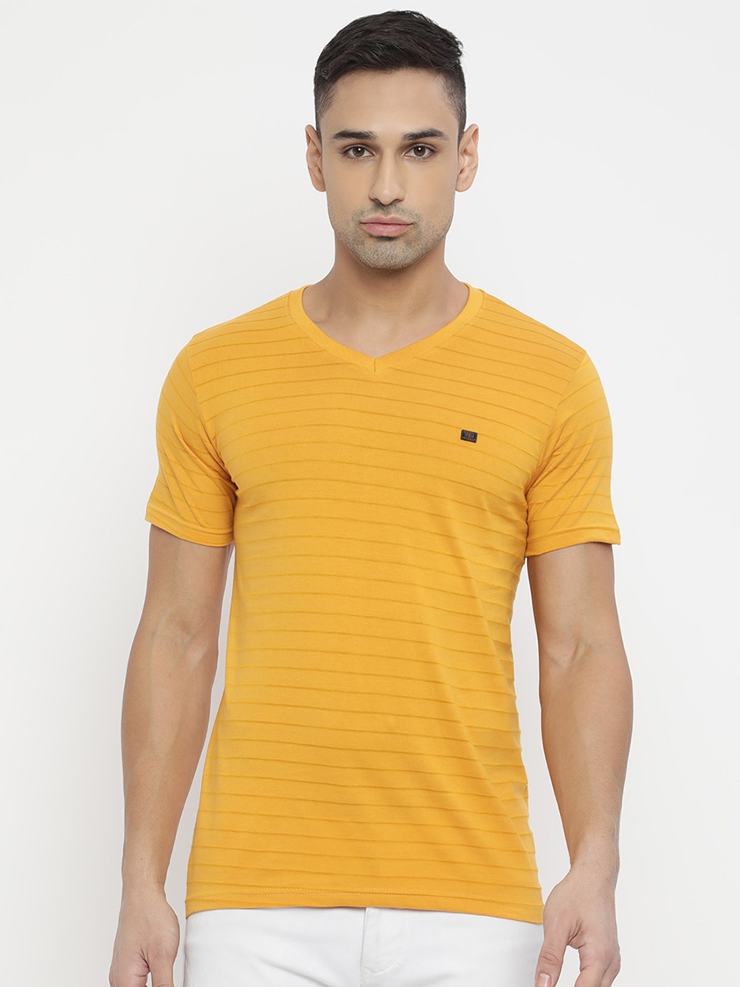 

V2 Value & Variety Men Mustard Yellow Striped V-Neck T-shirt