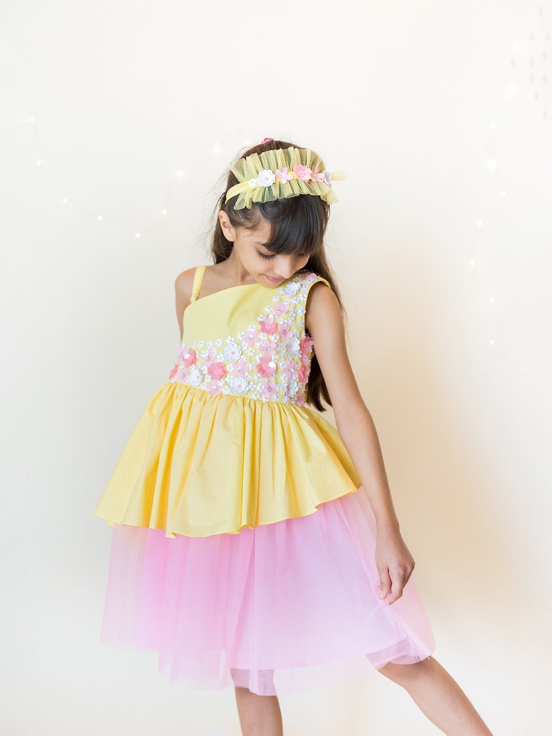 

A Little Fable Yellow Floral One Shoulder Layered Net Dress