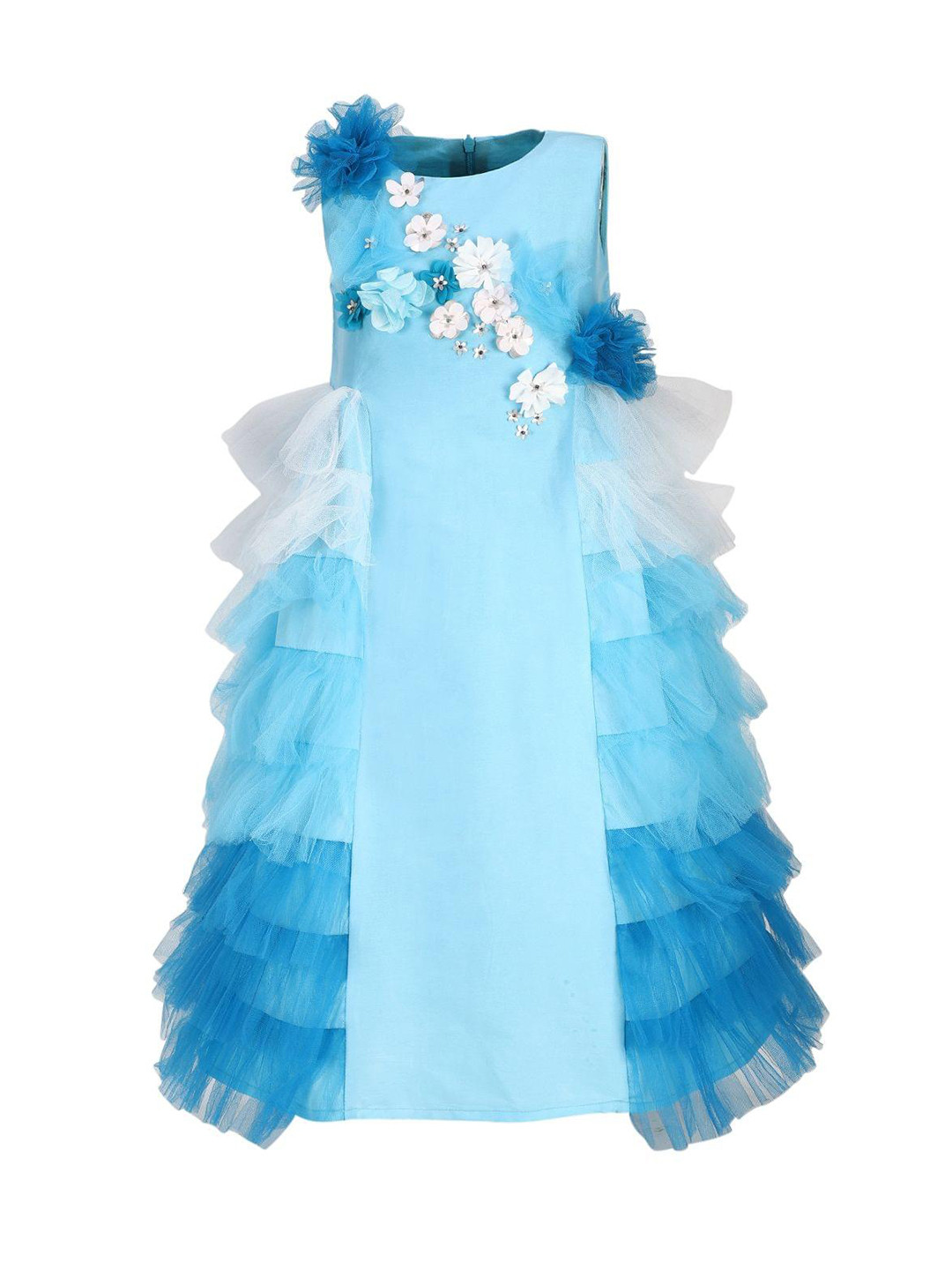 

A Little Fable Girls Blue & White Embellished Round Neck Maxi Dress