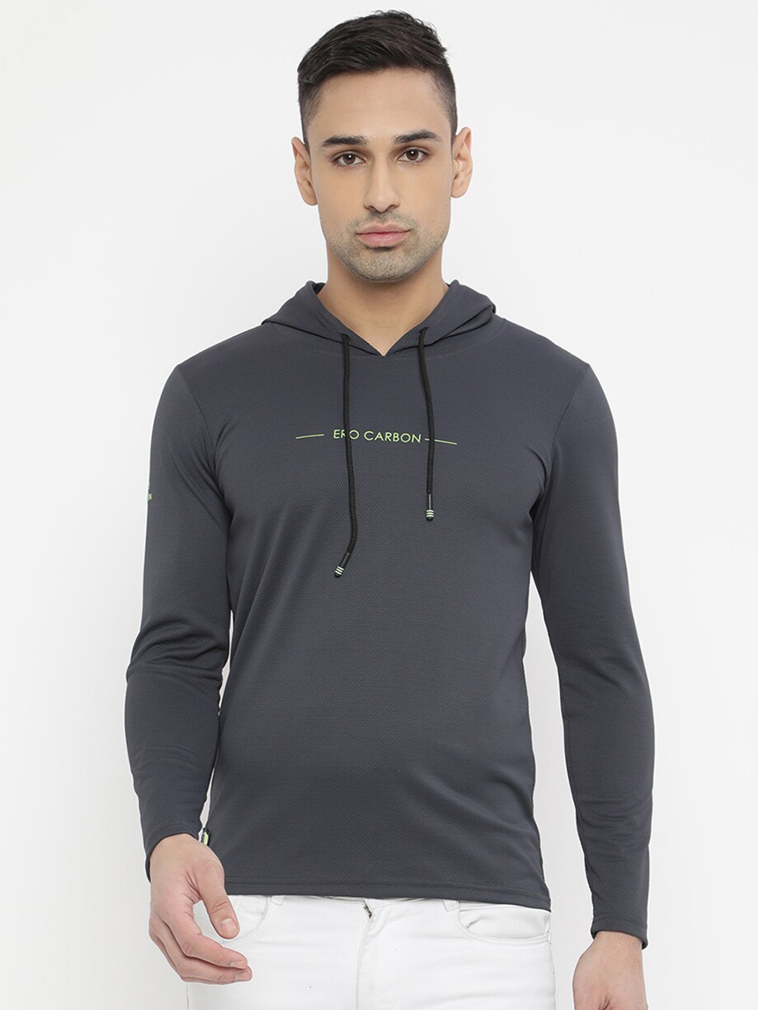 

V2 Value & Variety Men Grey & Fluorescent Green Printed Hooded T-shirt