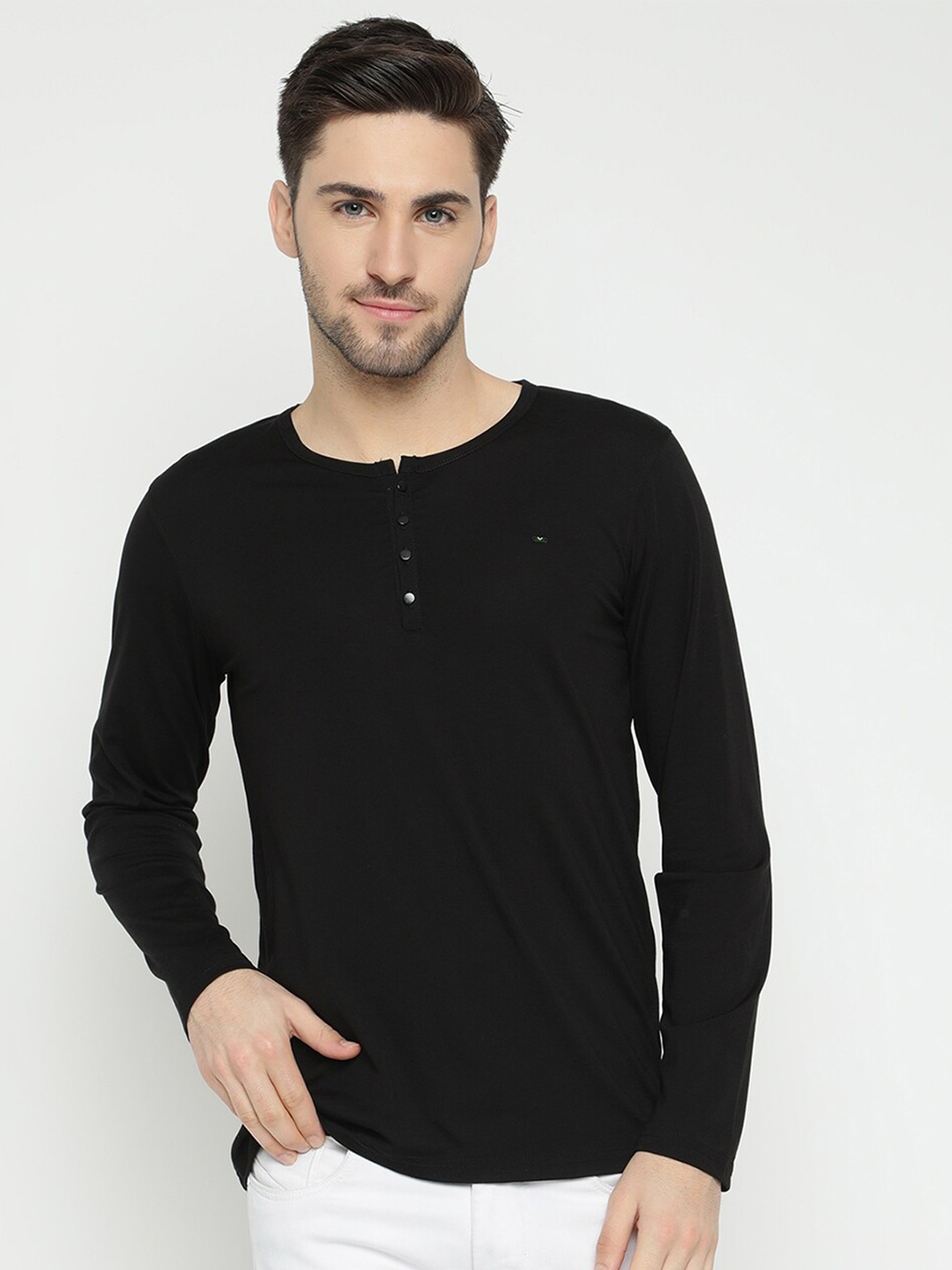 

V2 Value & Variety Men Black Henley Neck T-shirt