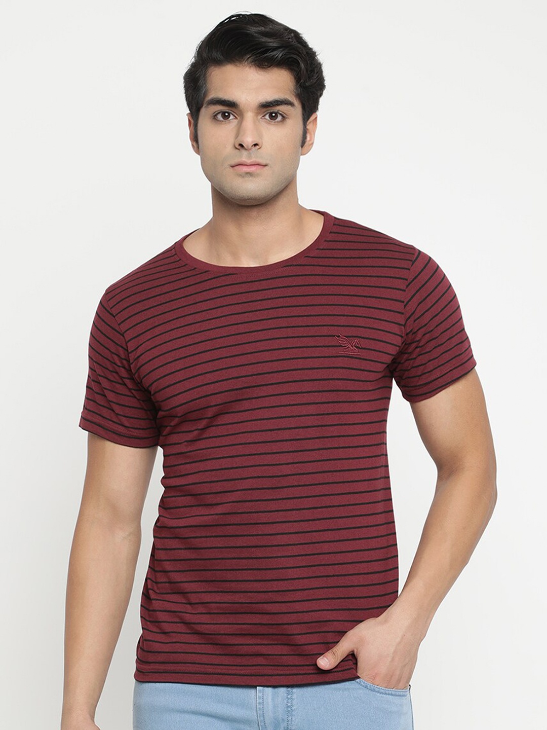 

V2 Value & Variety Men Maroon Striped Pure Cotton T-shirt