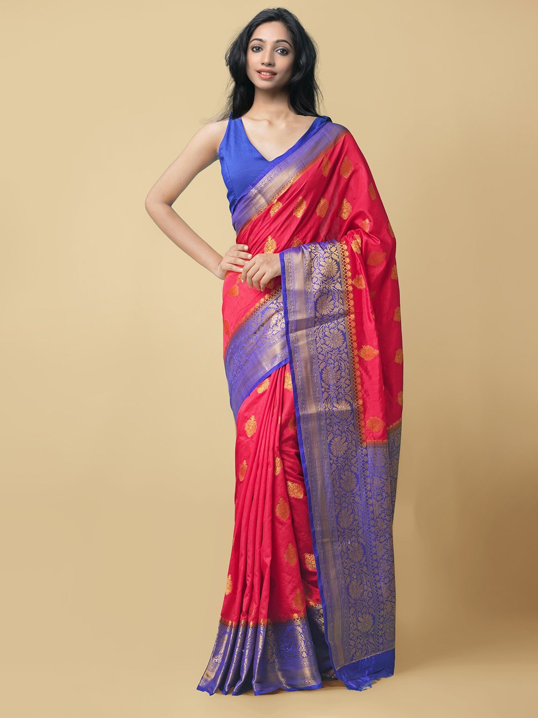 

Unnati Silks Red & Blue Woven Design Zari Silk Blend Kanjeevaram Saree