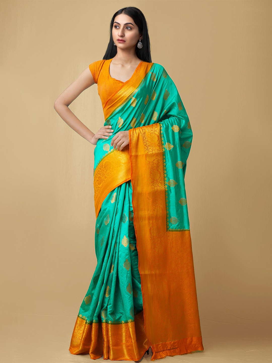 

Unnati Silks Green & Yellow Dyed Ethnic Motifs Zari Silk Blend Kanjeevaram Saree