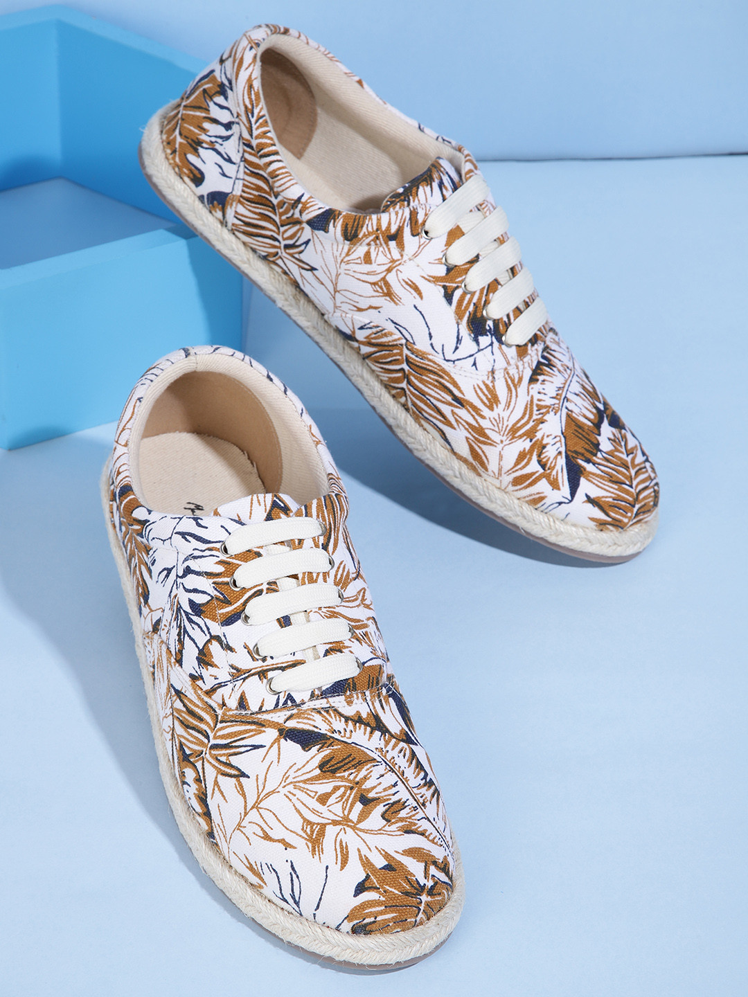 

Mast & Harbour Women White & Camel Brown Tropical Printed Espadrille Sneakers