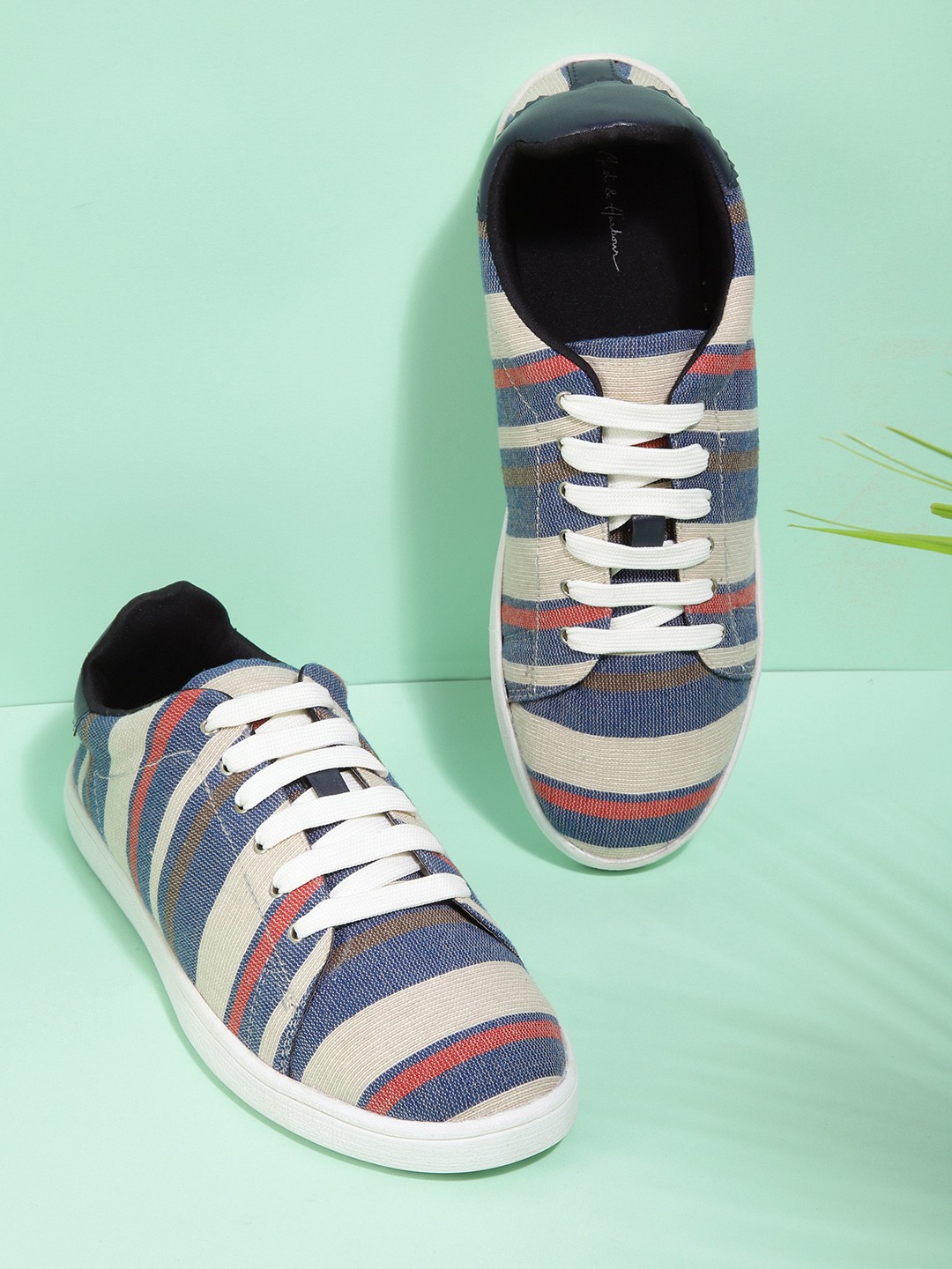

Mast & Harbour Women Beige & Navy Blue Striped Sneakers