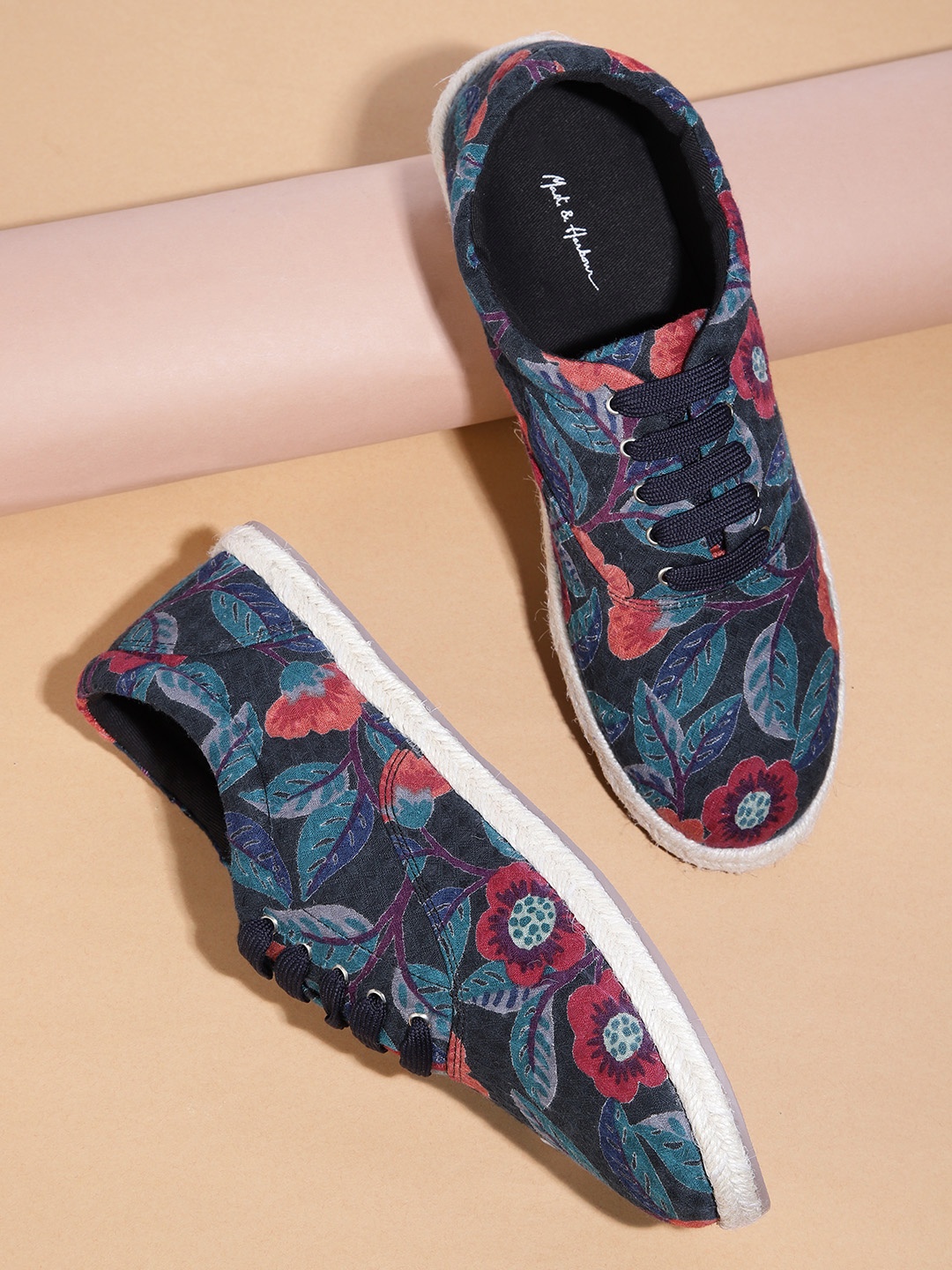 

Mast & Harbour Women Navy Blue & Rust Orange Floral Printed Espadrille Sneakers