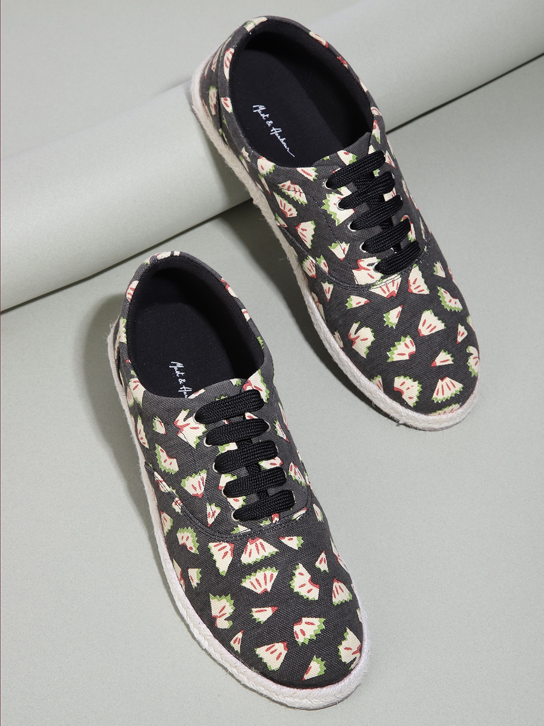 

Mast & Harbour Women Charcoal Grey & Beige Quirky Printed Espadrille Sneakers