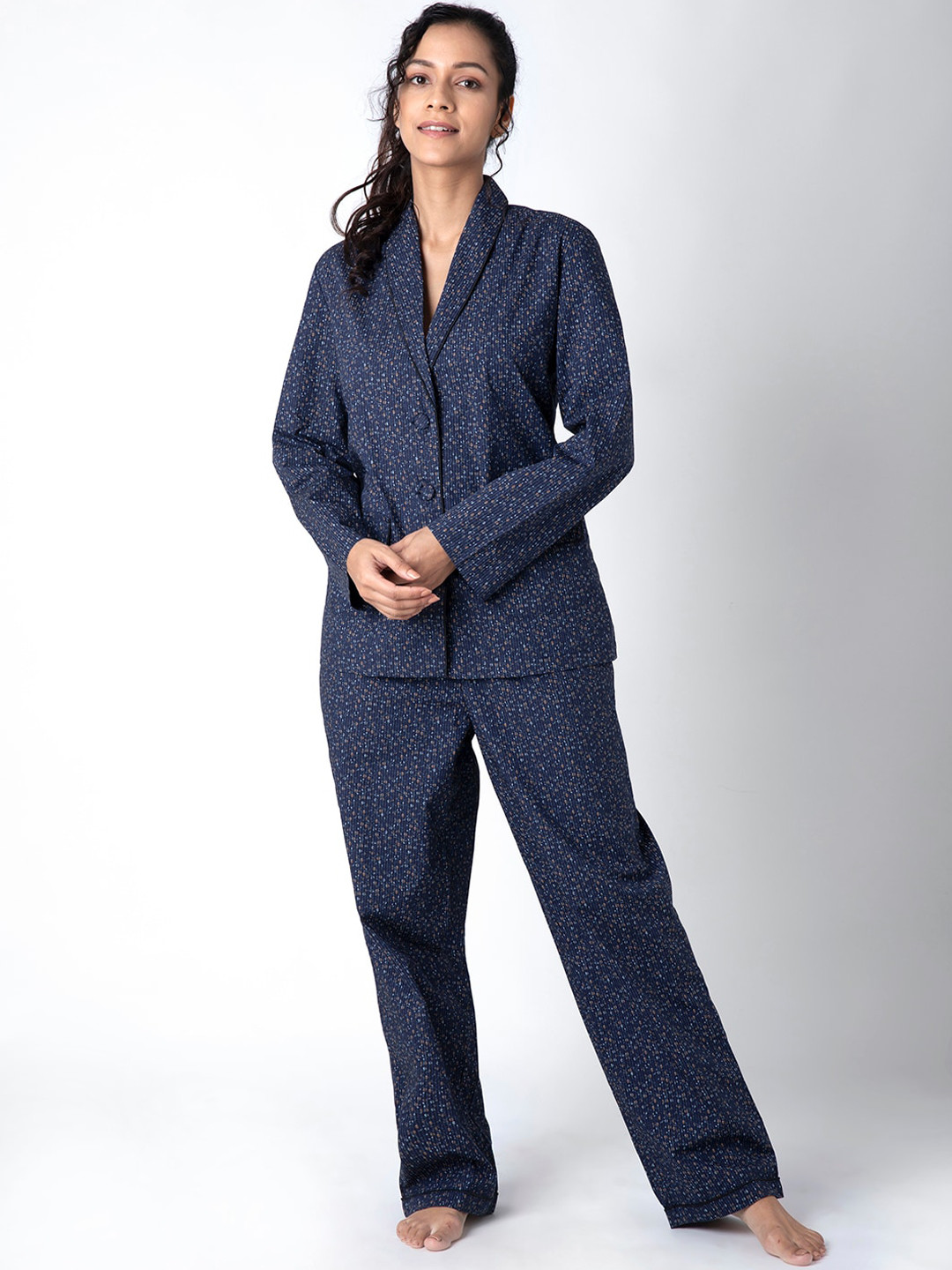 

FabAlley Women Blue & Brown Cotton Floral Printed Night suit