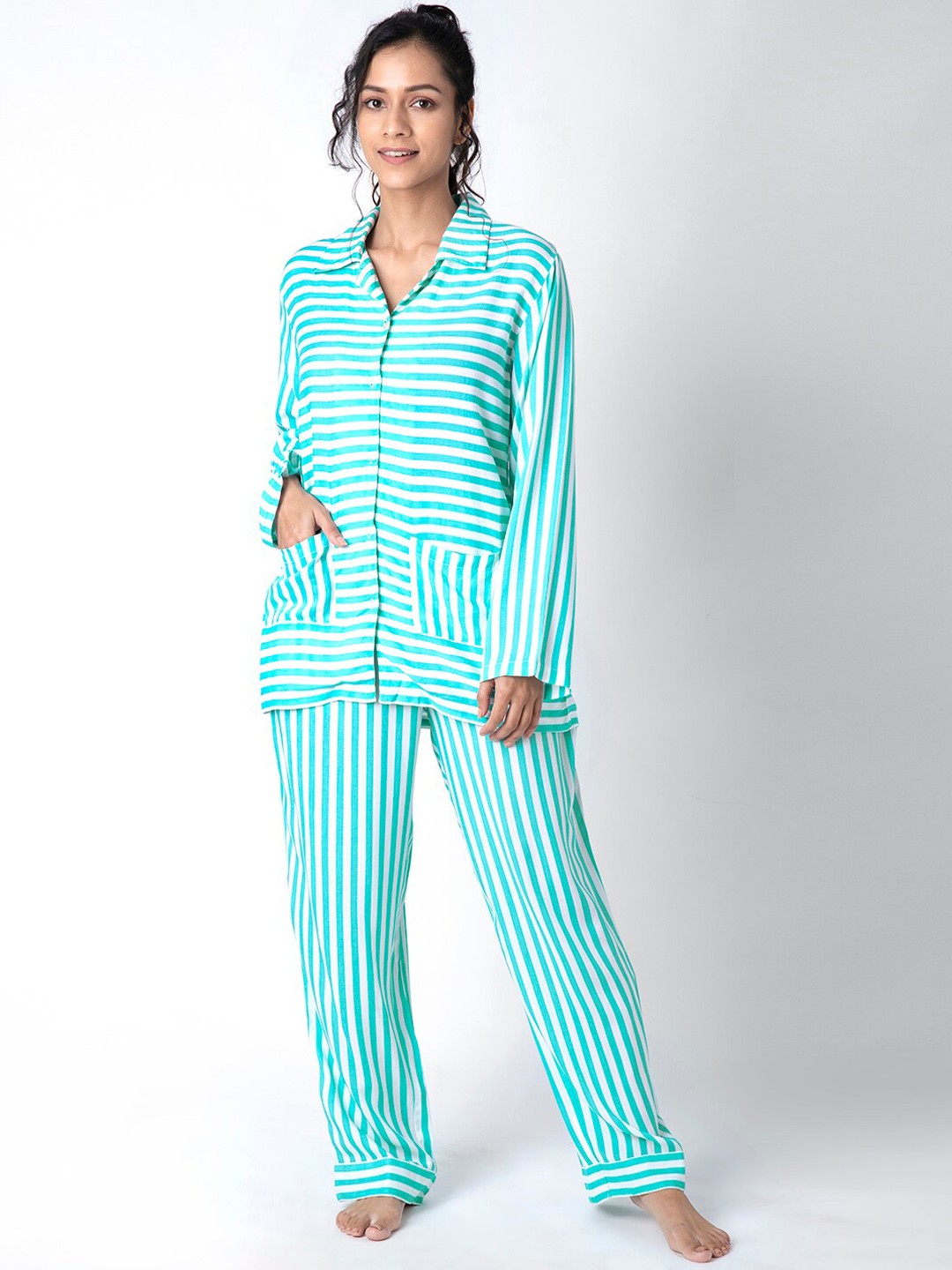 

FabAlley Women Green & White Striped Night Suit