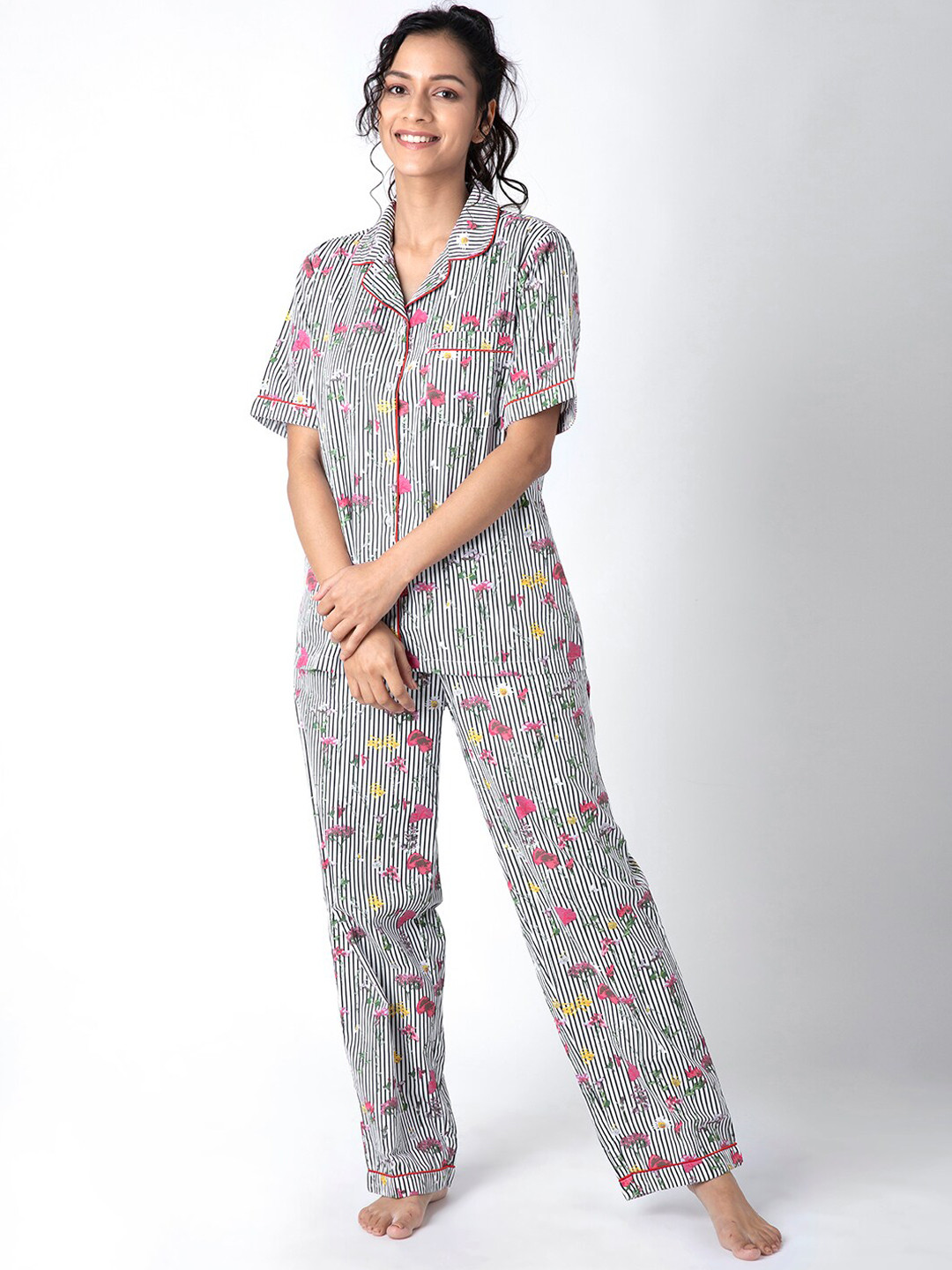 

FabAlley Women White & Black Pure Cotton Striped Night suit