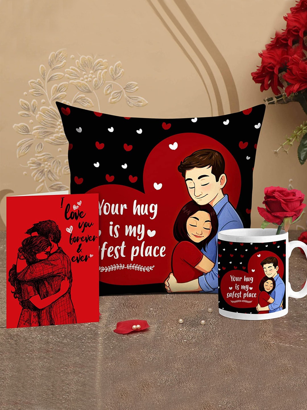 

TIED RIBBONS Valentine Special Rose - Cushion Cover with Filler - Mug & Card Gift Set, Red