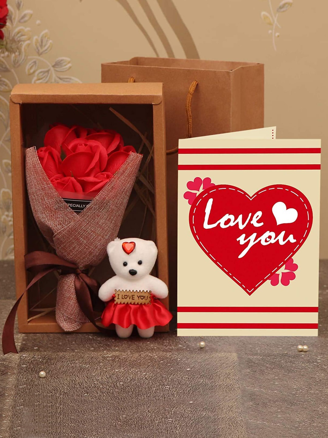 

TIED RIBBONS Valentine Red Rose Bouquet with Carry Bag & Teddy with Card Combo Gift Set