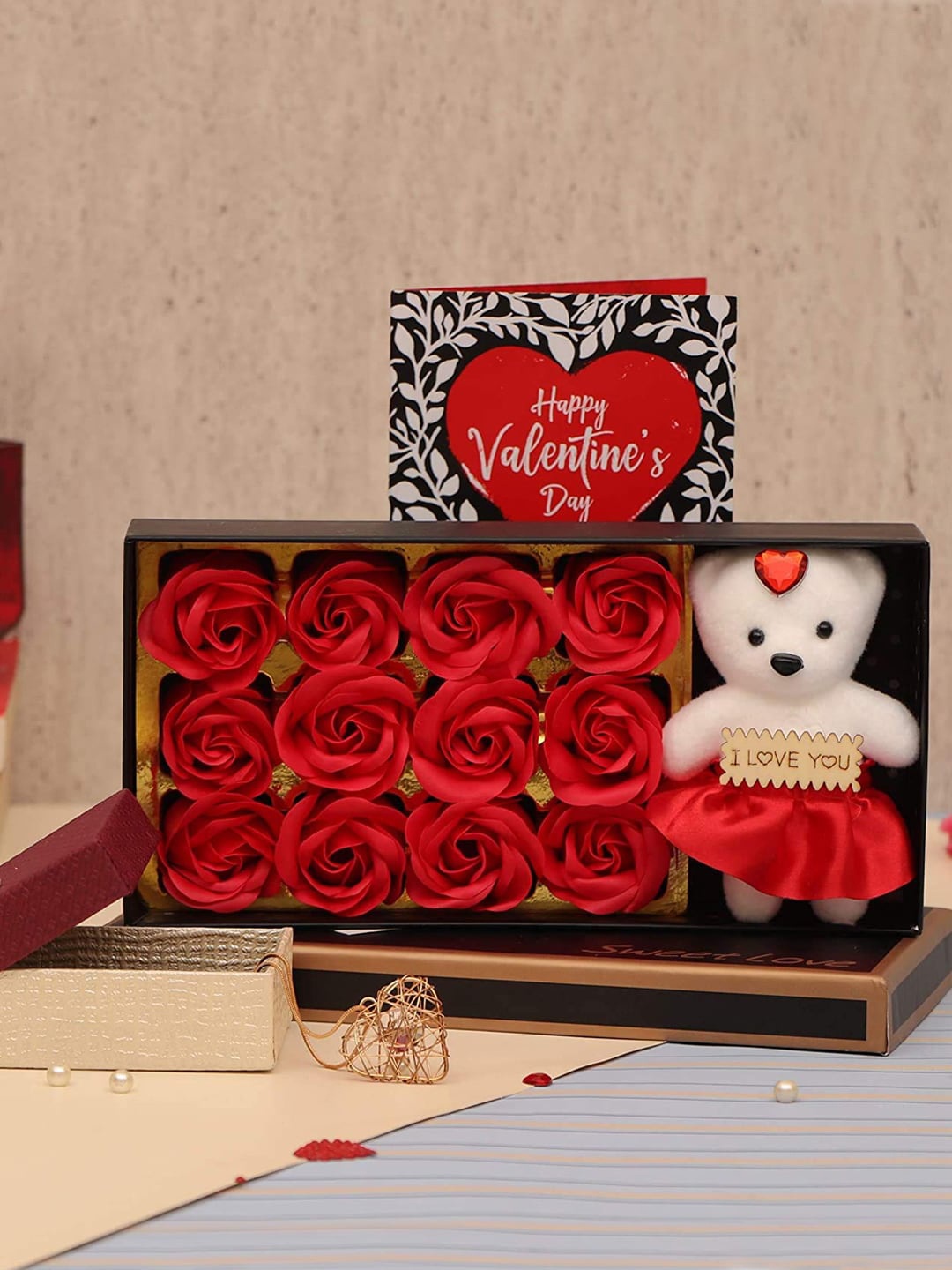 

TIED RIBBONS Valentine Special Teddy with Roses Combo Gift Set, Red
