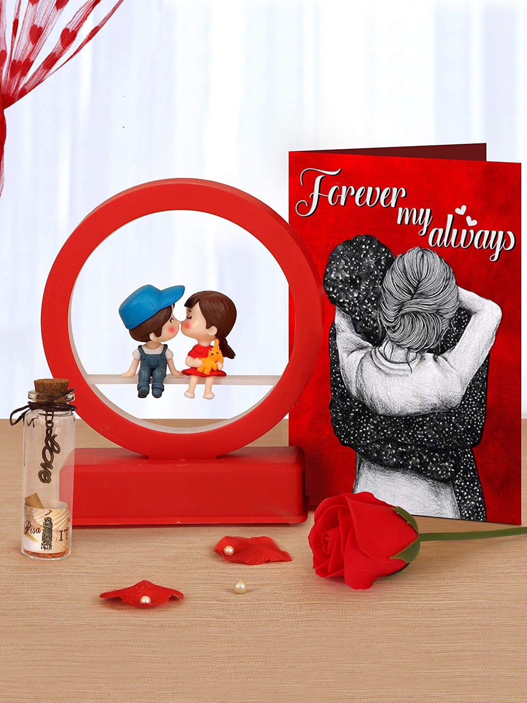 

TIED RIBBONS Valentine Couple Led Light Showpiece - Rose & Card Combo Gift Set, Red
