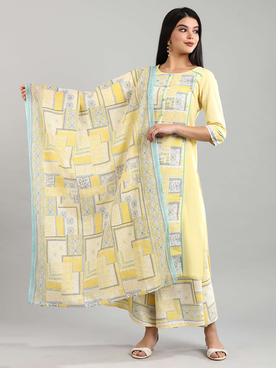 

AURELIA Yellow & Turquoise Blue Ethnic Motifs Printed Pure Cotton Dupatta