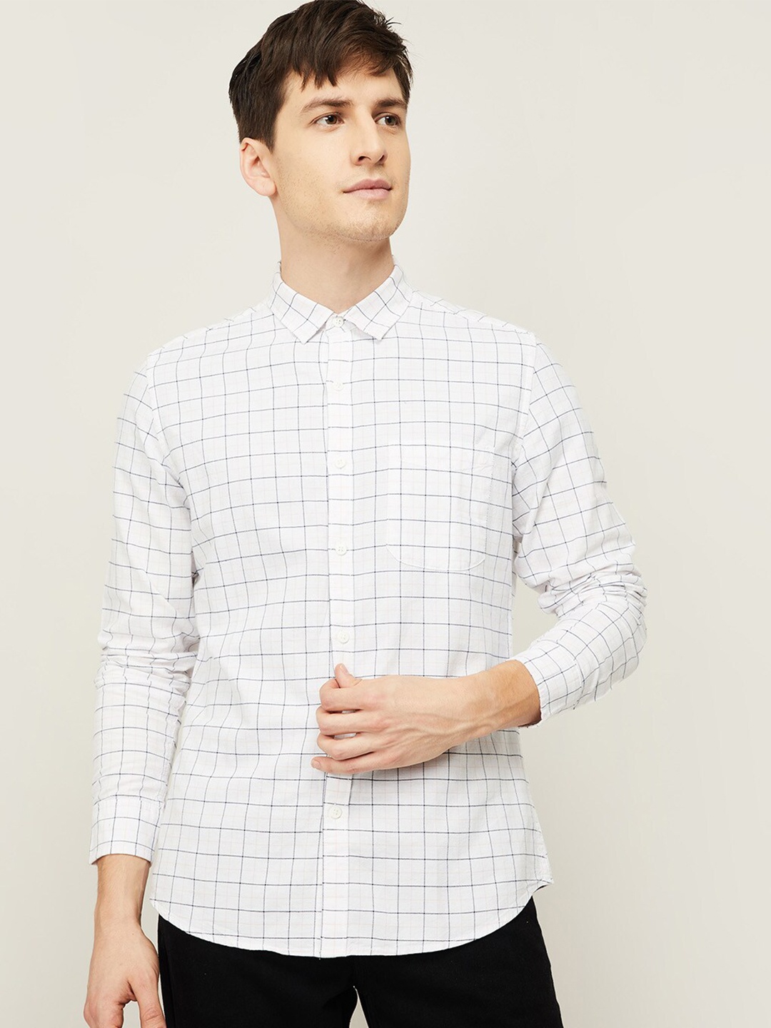 

Fame Forever by Lifestyle Men White Grid Tattersall Checks Checked Casual Shirt