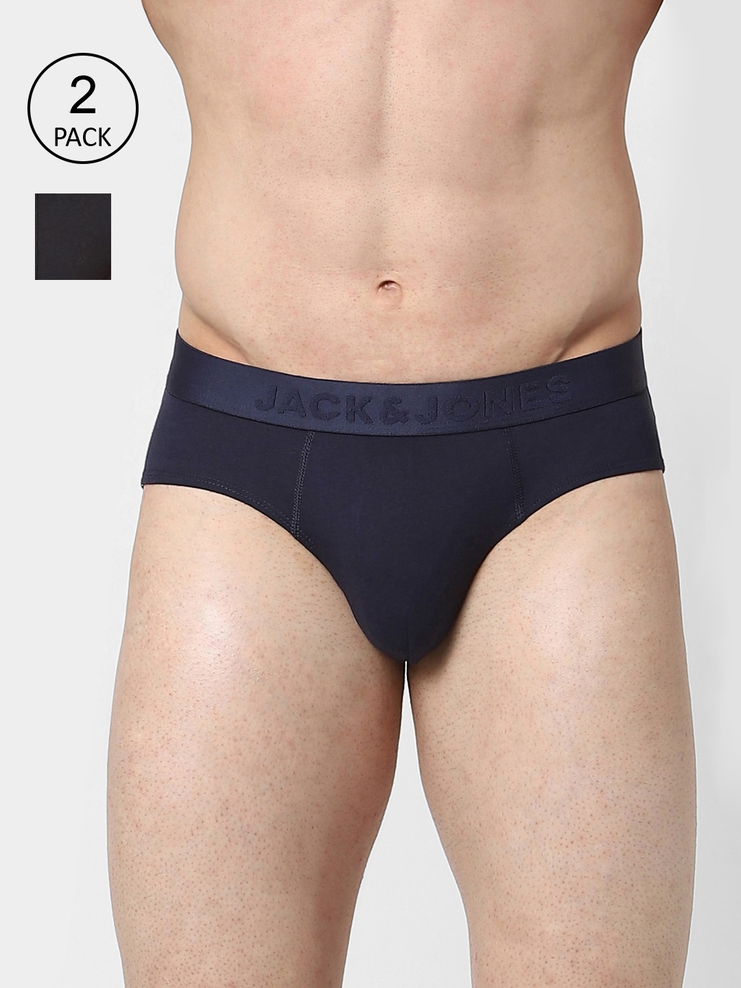 

Jack & Jones Men Pack Of 2 Solid Cotton Basic Briefs, Navy blue