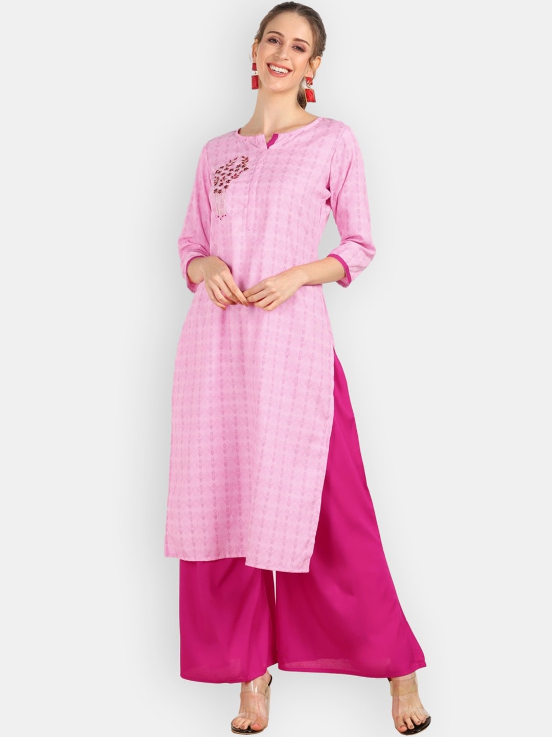 

VEDANA Women Pink Ethnic Motifs Embroidered Keyhole Neck Gotta Patti Kurta