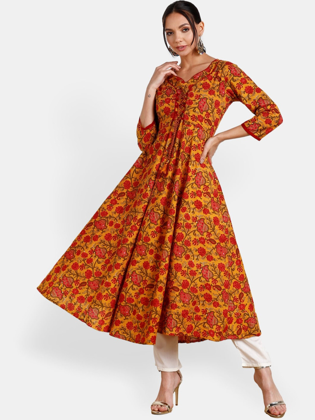 

VEDANA Women Mustard Yellow Ethnic Motifs Printed Anarkali Kurta