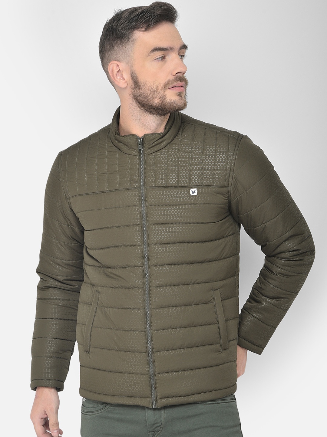 

Canary London Men Olive Green Self Design Lightweight Puffer Jacket