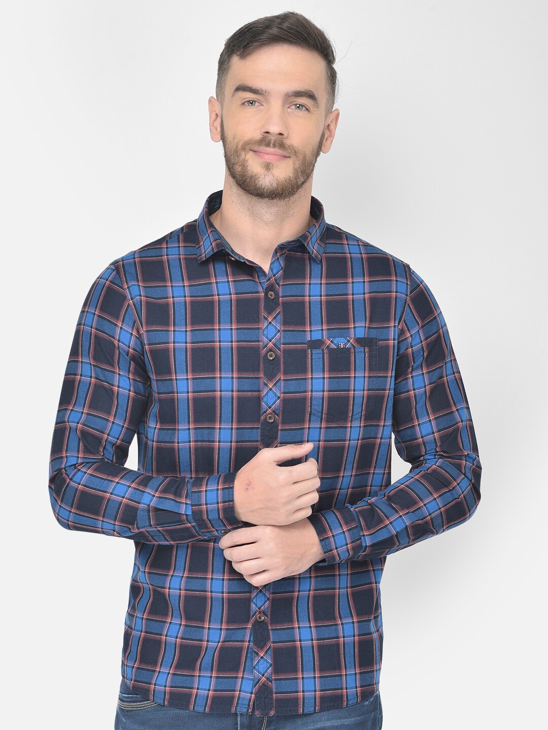 

Canary London Men Navy Blue Smart Slim Fit Tartan Checks Checked Casual Shirt