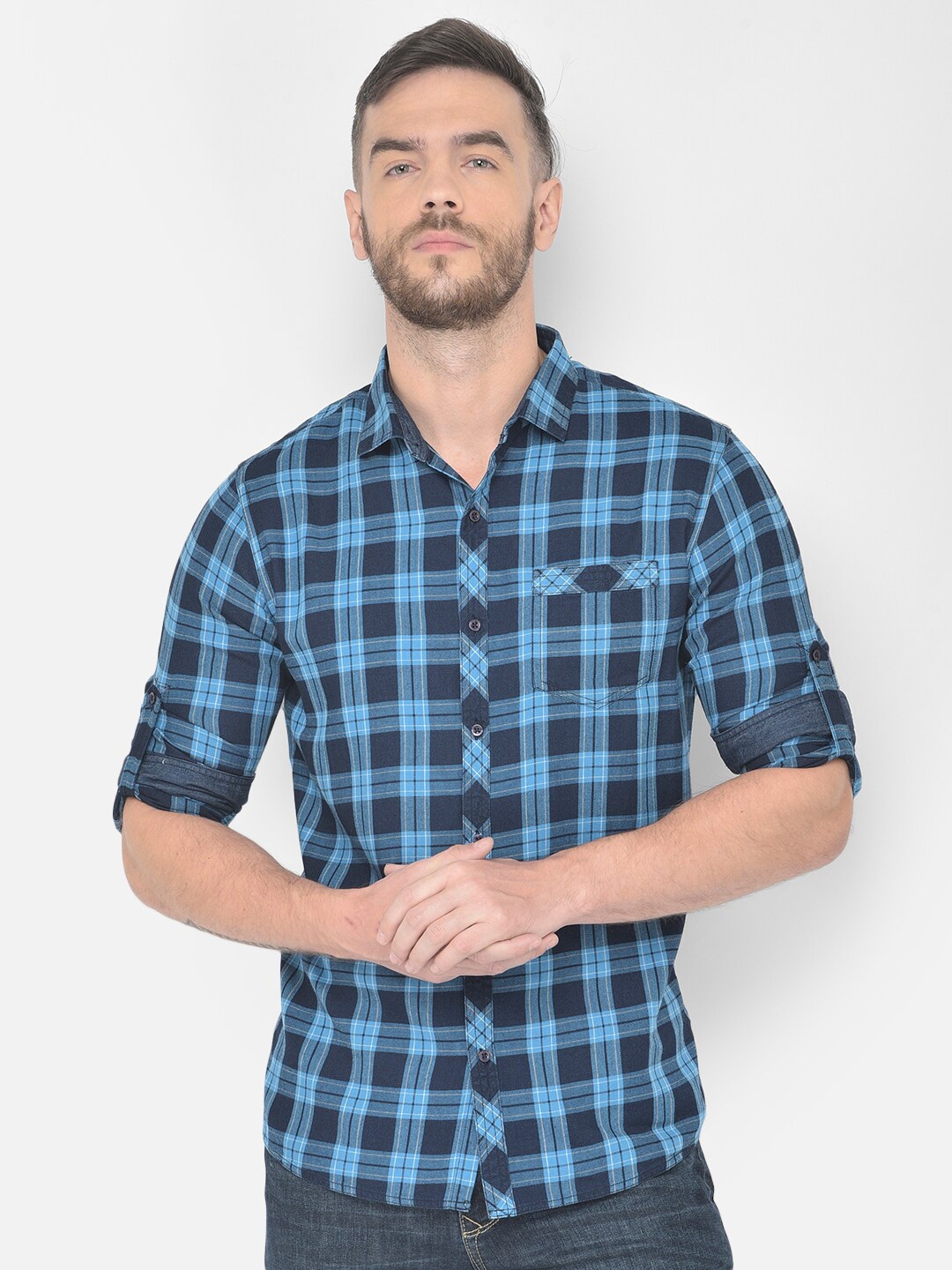 

Canary London Men Blue Smart Slim Fit Checked Casual Shirt