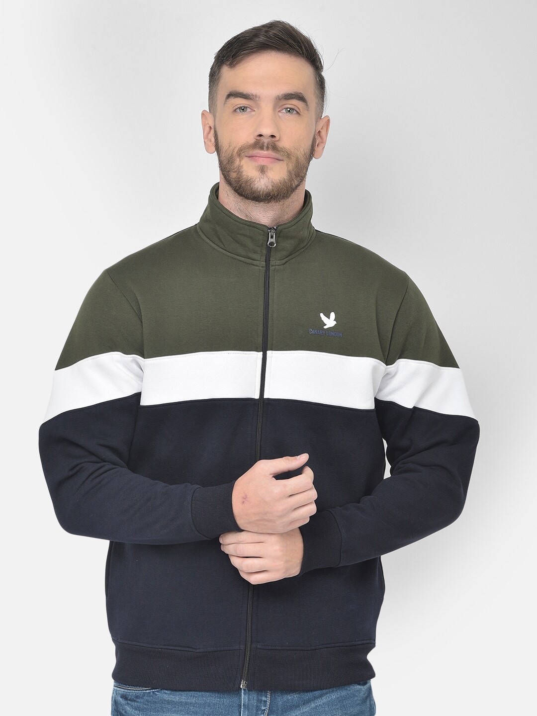 

Canary London Men Navy Blue & Olive Green Colourblocked Sweatshirt